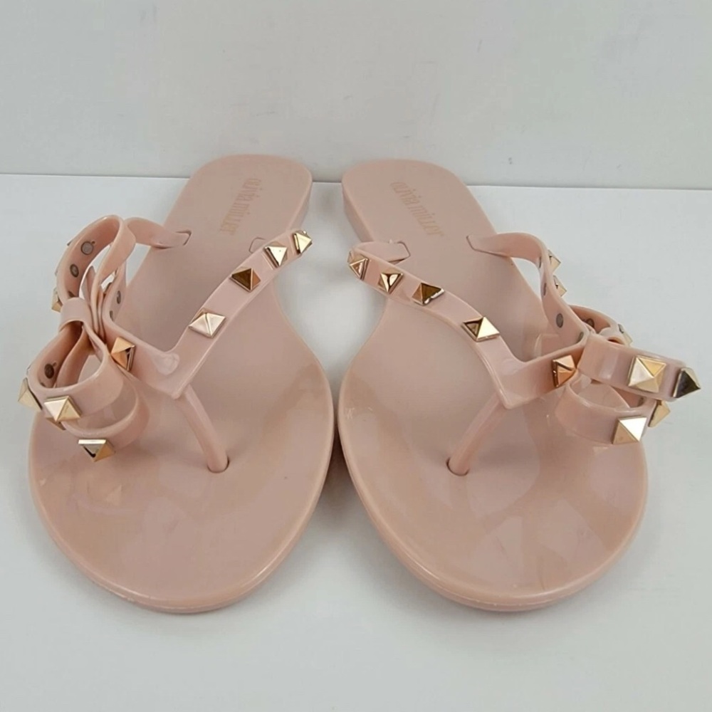 NEW Olivia Miller women’s studded, pink jelly, thong bow slides, flip flops SZ 8